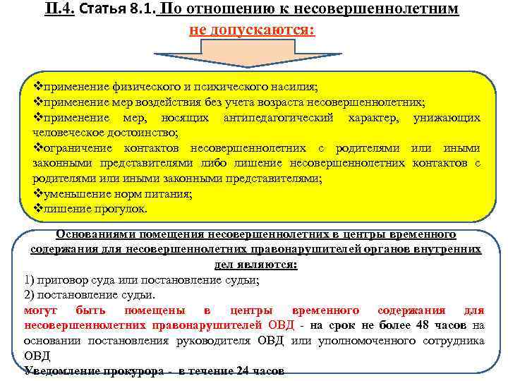 П. 4. Статья 8. 1. По отношению к несовершеннолетним не допускаются: vприменение физического и