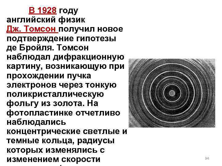 В 1928 году английский физик Дж. Томсон получил новое подтверждение гипотезы де Бройля. Томсон