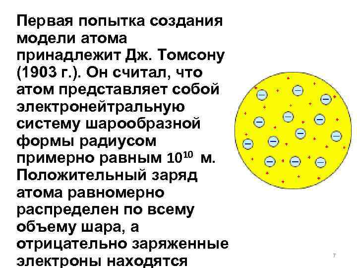 Первая попытка создания модели атома принадлежит Дж. Томсону (1903 г. ). Он считал, что