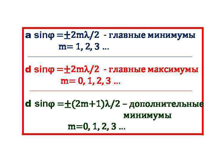 a sinφ =± 2 m /2 - главные минимумы m= 1, 2, 3 …