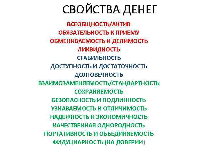 Свойства денег