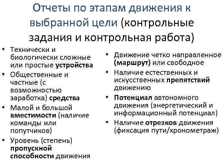 Отчеты по этапам движения к выбранной цели (контрольные задания и контрольная работа) • Технически