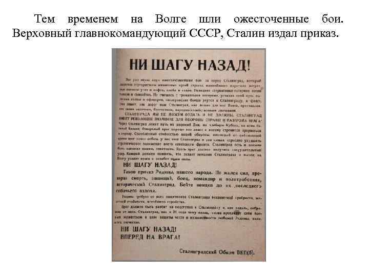 Тем временем на Волге шли ожесточенные бои. Верховный главнокомандующий СССР, Сталин издал приказ. 