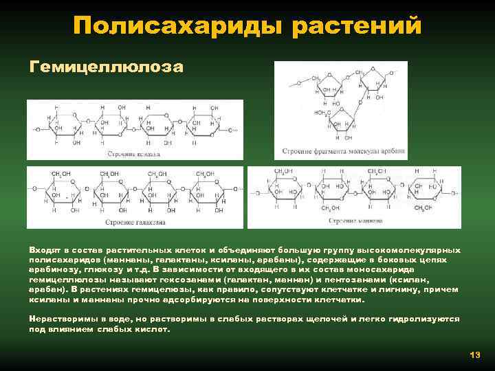 Полисахариды растений Гемицeллюлoзa Входят в состав растительных клеток и объединяют большую группу высокомолекулярных полисахаридов