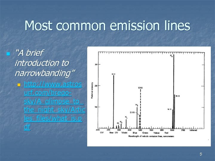 Most common emission lines n “A brief introduction to narrowbanding” n http: //www. astros