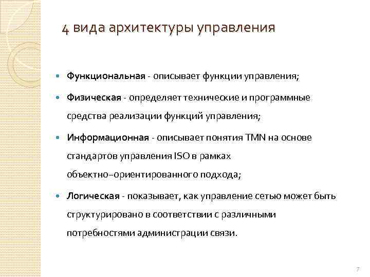 4 вида архитектуры управления Функциональная - описывает функции управления; Физическая - определяет технические и