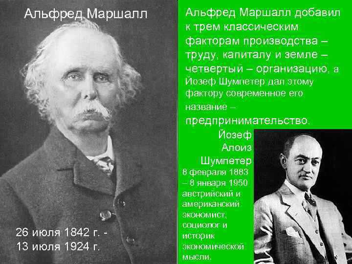 Альфред Маршалл добавил к трем классическим факторам производства – труду, капиталу и земле –