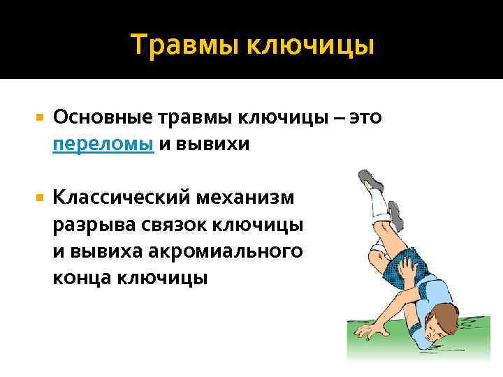 Классический механизм разрыва связок ключицы и вывиха акромиального конца ключицы Травмы ключицы Основные травмы