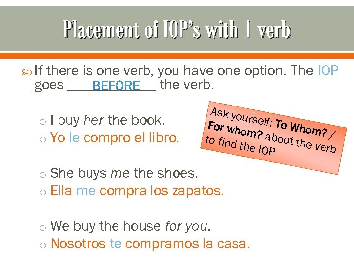 Placement of IOP’s with 1 verb If there is one verb, you have one