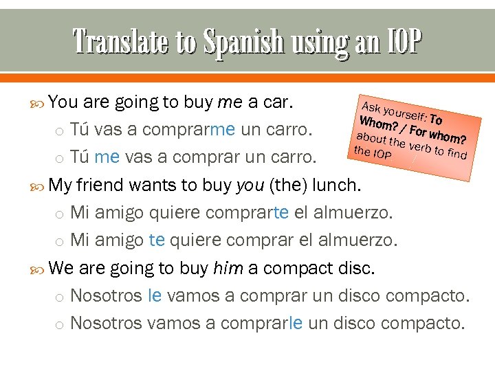 Translate to Spanish using an IOP You are going to buy me a car.