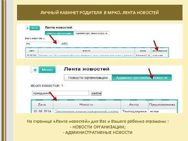 ЛИЧНЫЙ КАБИНЕТ РОДИТЕЛЯ В МРКО. ЛЕНТА НОВОСТЕЙ На странице «Лента новостей» для Вас и