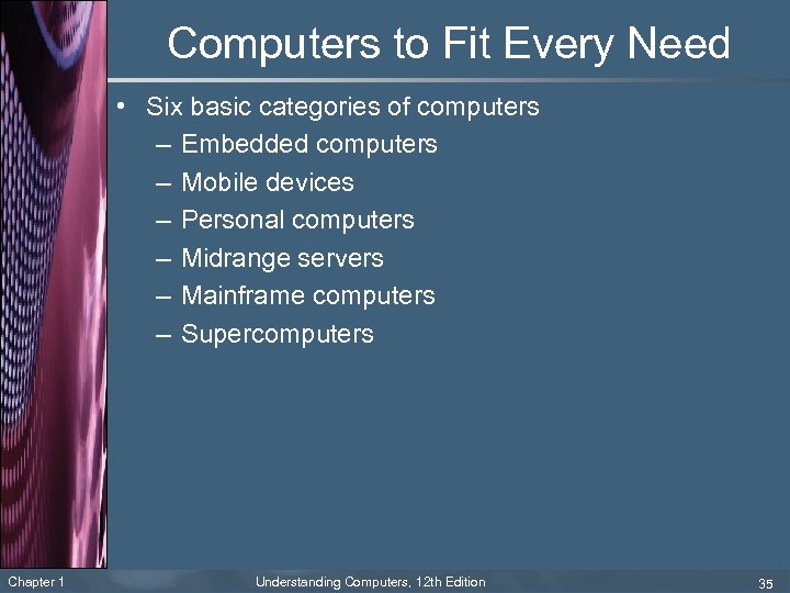 Computers to Fit Every Need • Six basic categories of computers – Embedded computers