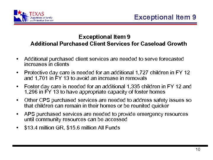 Exceptional Item 9 Additional Purchased Client Services for Caseload Growth • Additional purchased client