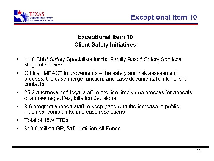 Exceptional Item 10 Client Safety Initiatives • 11. 0 Child Safety Specialists for the