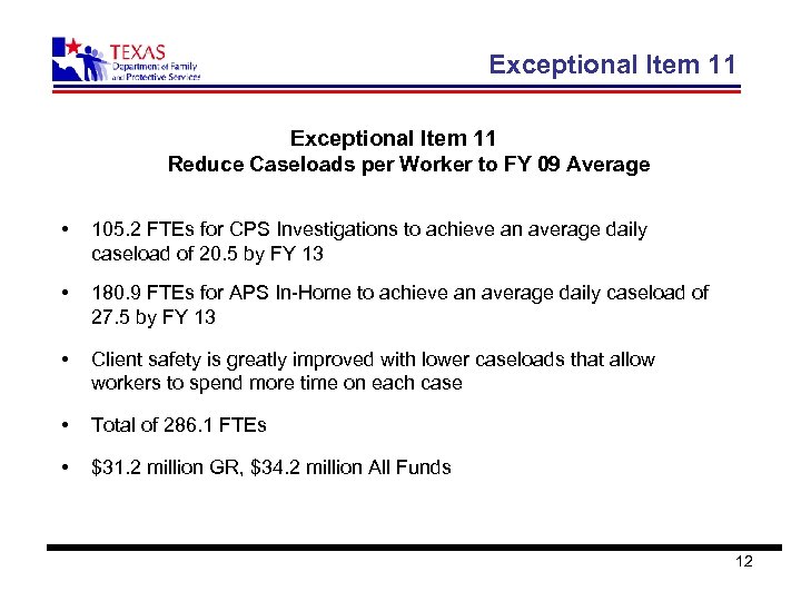 Exceptional Item 11 Reduce Caseloads per Worker to FY 09 Average • 105. 2