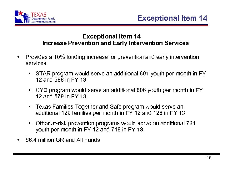 Exceptional Item 14 Increase Prevention and Early Intervention Services • Provides a 10% funding