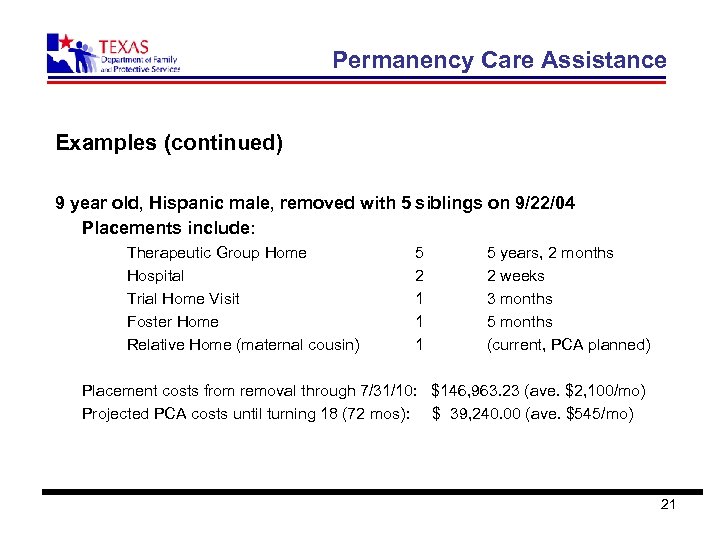 Permanency Care Assistance Examples (continued) 9 year old, Hispanic male, removed with 5 siblings