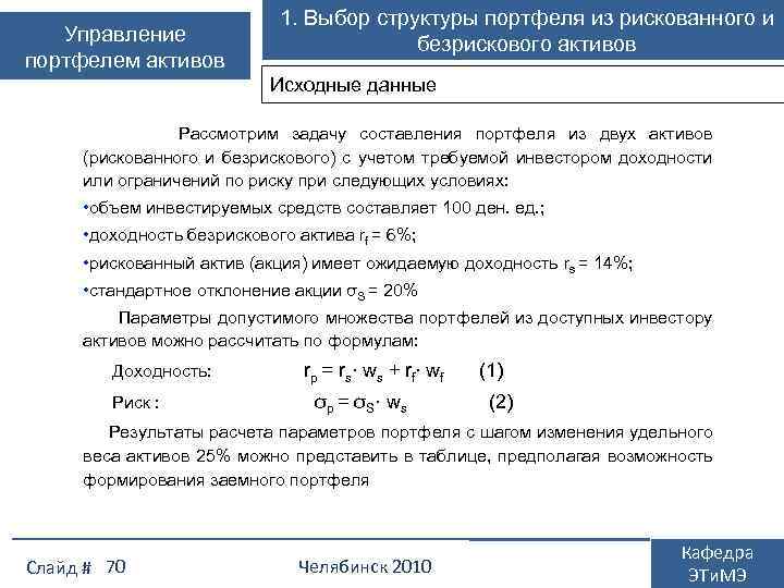 Управление портфелем активов 1. Выбор структуры портфеля из рискованного и безрискового активов Исходные данные