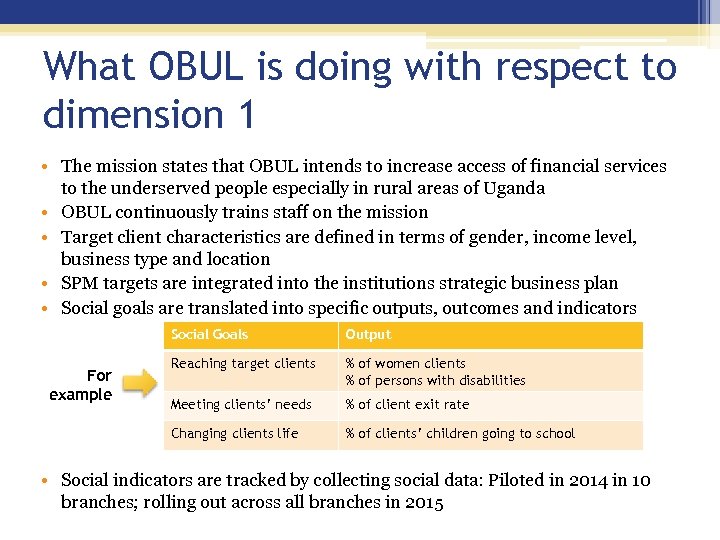 What OBUL is doing with respect to dimension 1 • The mission states that