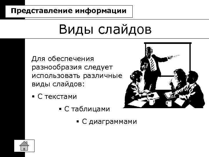 Представление информации Виды слайдов Для обеспечения разнообразия следует использовать различные виды слайдов: § C