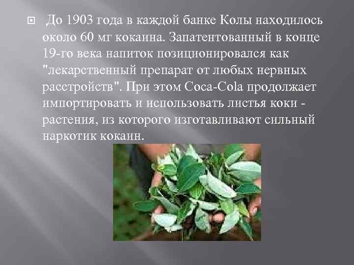  До 1903 года в каждой банке Колы находилось около 60 мг кокаина. Запатентованный