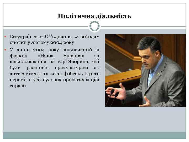 Політична діяльність Всеукраїнське Об'єднання «Свобода» очолив у лютому 2004 року У липні 2004 року