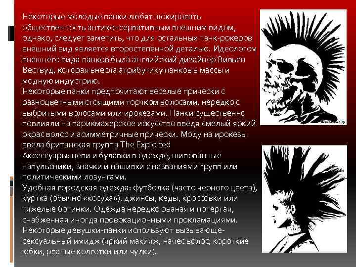 Некоторые молодые панки любят шокировать общественность антиконсервативным внешним видом, однако, следует заметить, что для