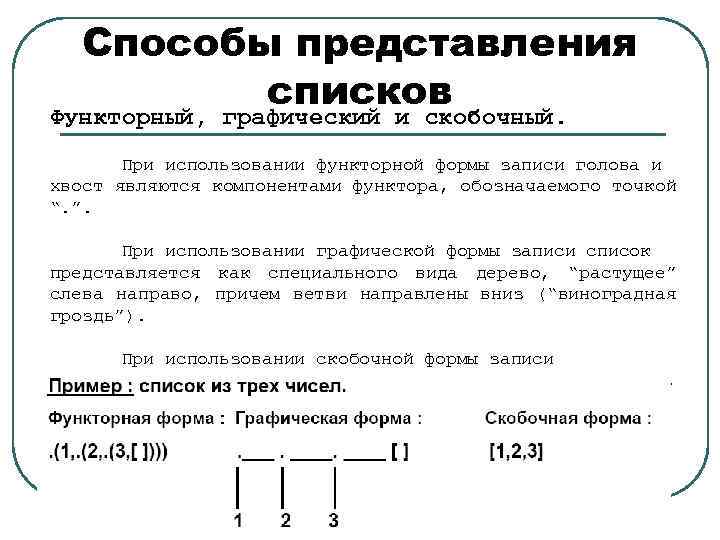 Способы представления списков Функторный, графический и скобочный. При использовании функторной формы записи голова и