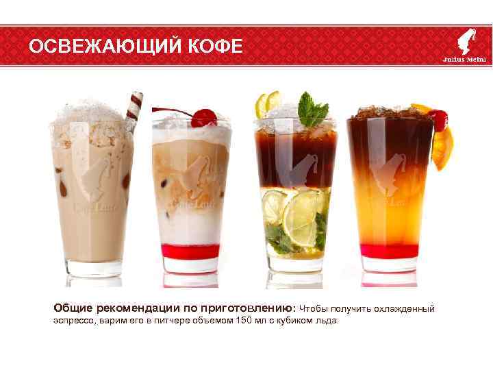 ОСВЕЖАЮЩИЙ КОФЕ Общие рекомендации по приготовлению: Чтобы получить охлажденный эспрессо, варим его в питчере