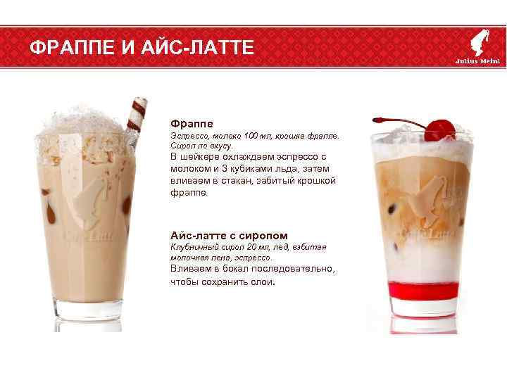 ФРАППЕ И АЙС-ЛАТТЕ Фраппе Эспрессо, молоко 100 мл, крошка фраппе. Сироп по вкусу. В