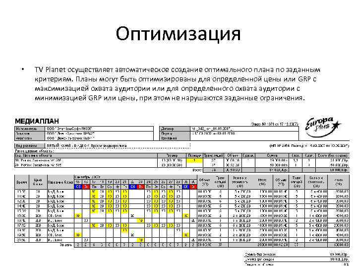 Оптимизация • TV Planet осуществляет автоматическое создание оптимального плана по заданным критериям. Планы могут