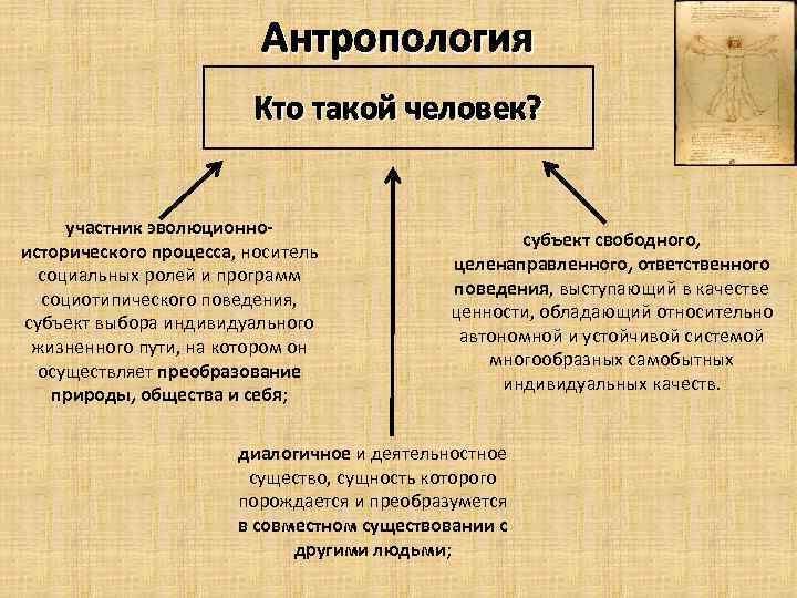 Антропология Кто такой человек? участник эволюционноисторического процесса, носитель социальных ролей и программ социотипического поведения,
