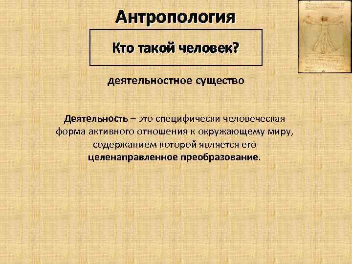 Антропология Кто такой человек? деятельностное существо Деятельность – это специфически человеческая форма активного отношения