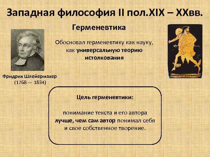 Западная философия II пол. XIX – XXвв. Герменевтика Обосновал герменевтику как науку, как универсальную