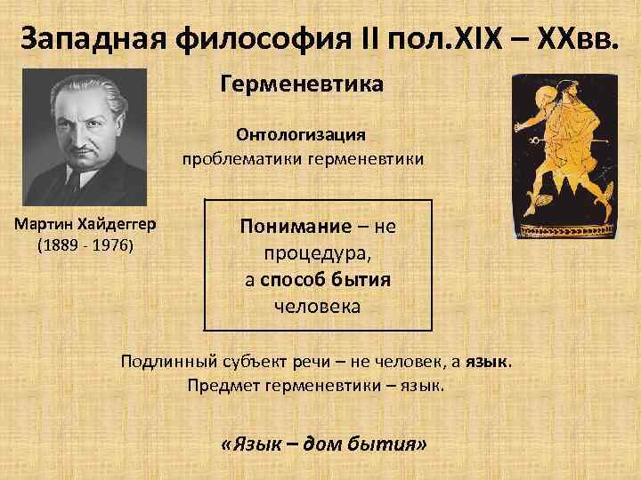 Западная философия II пол. XIX – XXвв. Герменевтика Онтологизация проблематики герменевтики Мартин Хайдеггер (1889