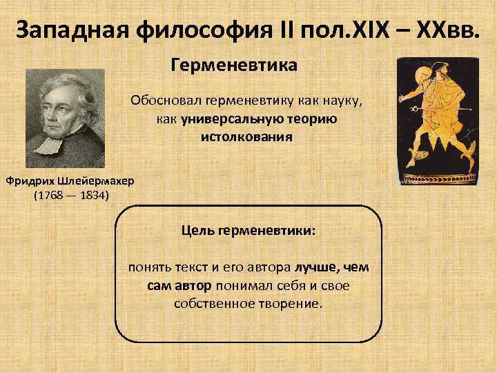 Западная философия II пол. XIX – XXвв. Герменевтика Обосновал герменевтику как науку, как универсальную