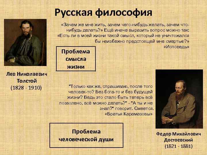 Русская философия «Зачем же мне жить, зачем чего-нибудь желать, зачем чтонибудь делать? » Ещё