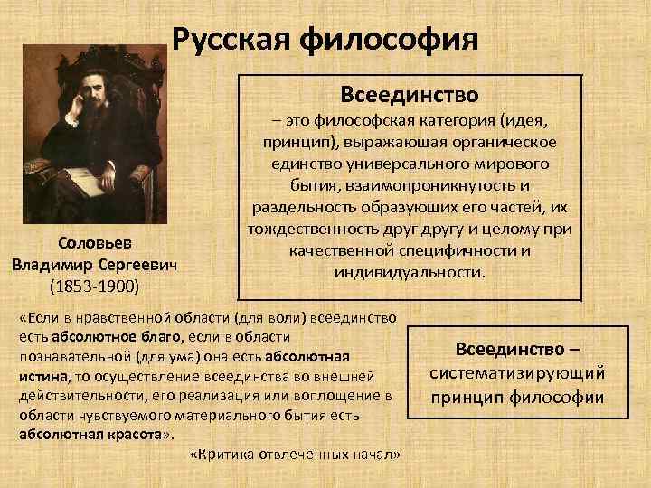 Русская философия Всеединство Соловьев Владимир Сергеевич (1853 -1900) – это философская категория (идея, принцип),