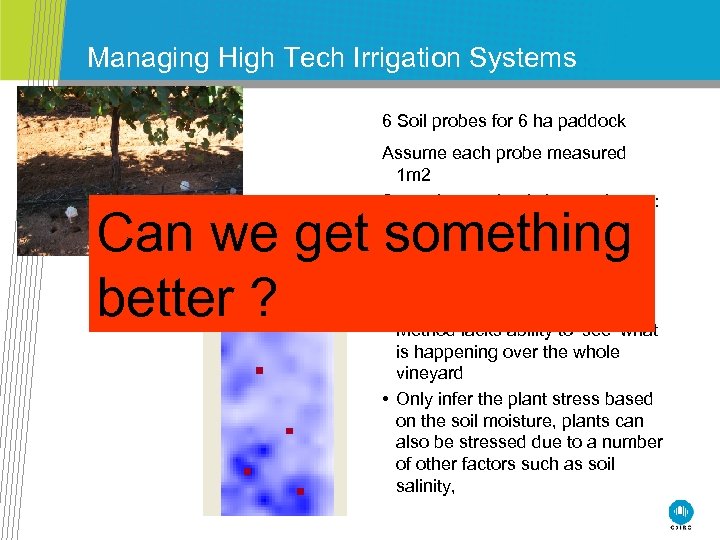 Managing High Tech Irrigation Systems 6 Soil probes for 6 ha paddock Assume each