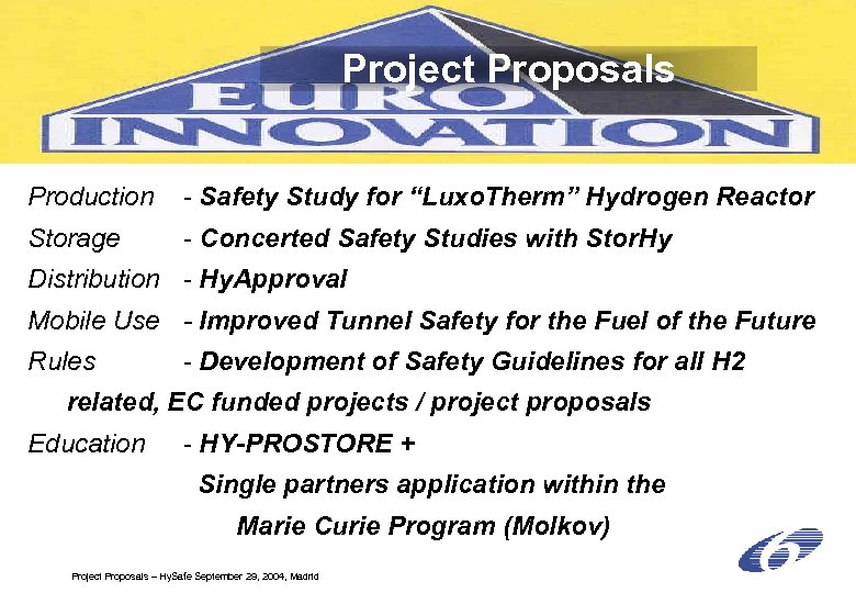Project Proposals Production - Safety Study for “Luxo. Therm” Hydrogen Reactor Storage - Concerted