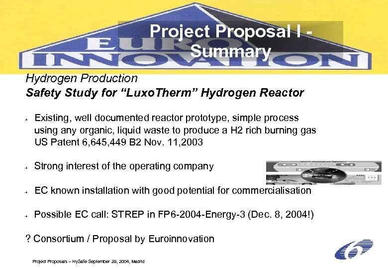 Project Proposal I - Summary Hydrogen Production Safety Study for “Luxo. Therm” Hydrogen Reactor