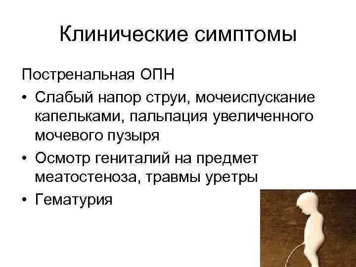 Клинические симптомы Постренальная ОПН • Слабый напор струи, мочеиспускание капельками, пальпация увеличенного мочевого пузыря