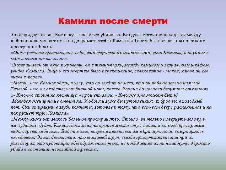 Камилл после смерти Золя придает жизнь Камиллу и после его убийства. Его дух постоянно