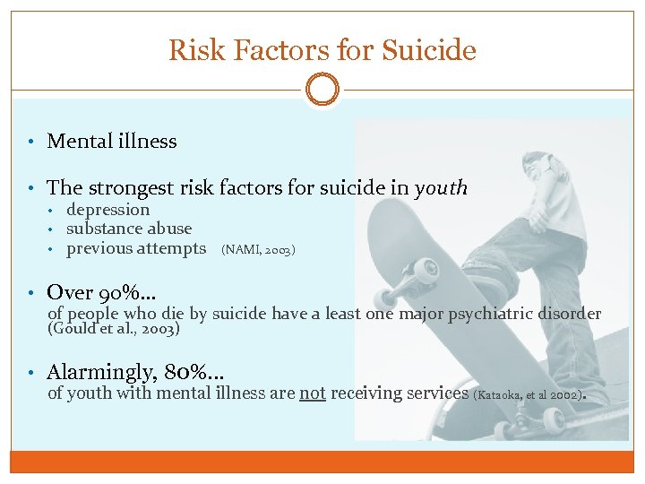 Risk Factors for Suicide • Mental illness • The strongest risk factors for suicide