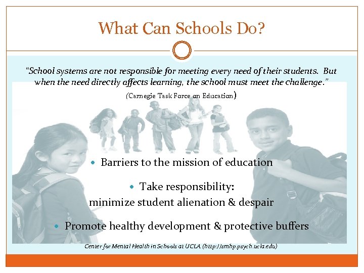 What Can Schools Do? “School systems are not responsible for meeting every need of