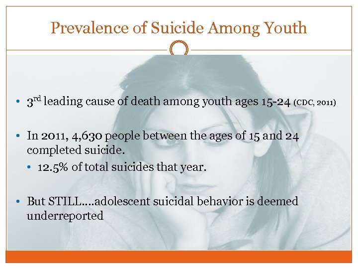 Prevalence of Suicide Among Youth • 3 rd leading cause of death among youth