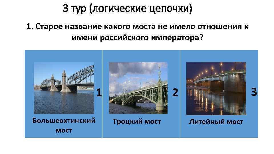 3 тур (логические цепочки) 1. Старое название какого моста не имело отношения к имени