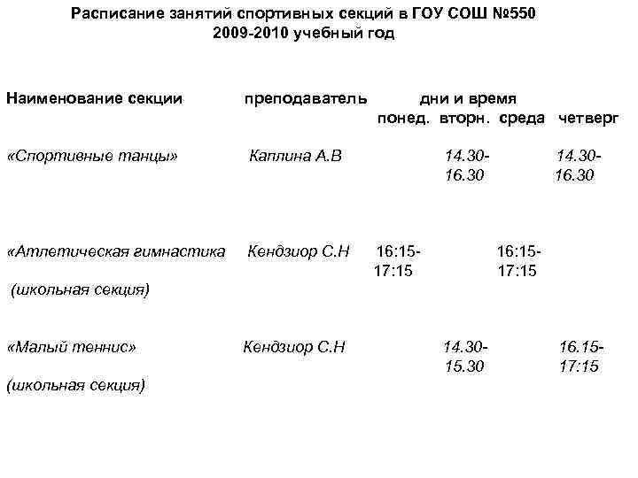 Расписание занятий спортивных секций в ГОУ СОШ № 550 2009 -2010 учебный год Наименование