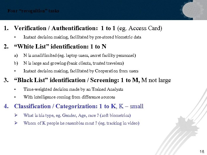 Four “recognition” tasks 1. Verification / Authentification: 1 to 1 (eg. Access Card) •