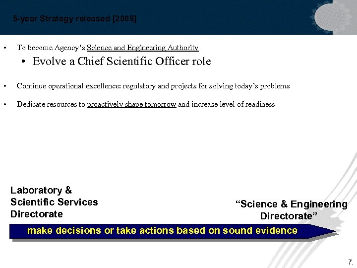 5 -year Strategy released [2008] • To become Agency’s Science and Engineering Authority •